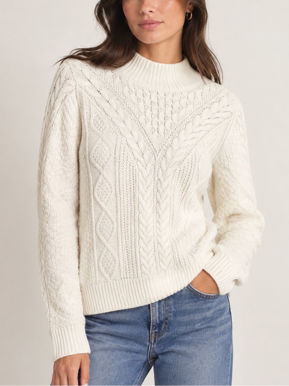 Abercrombie Cream Cable Knit Mock Neck Sweater Textured Preppy Cottagecore L